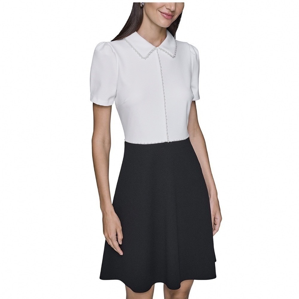 Karl Lagerfeld Paris Scuba Crepe Fit‎ & Flare Dress Pearl Trim White Black 8